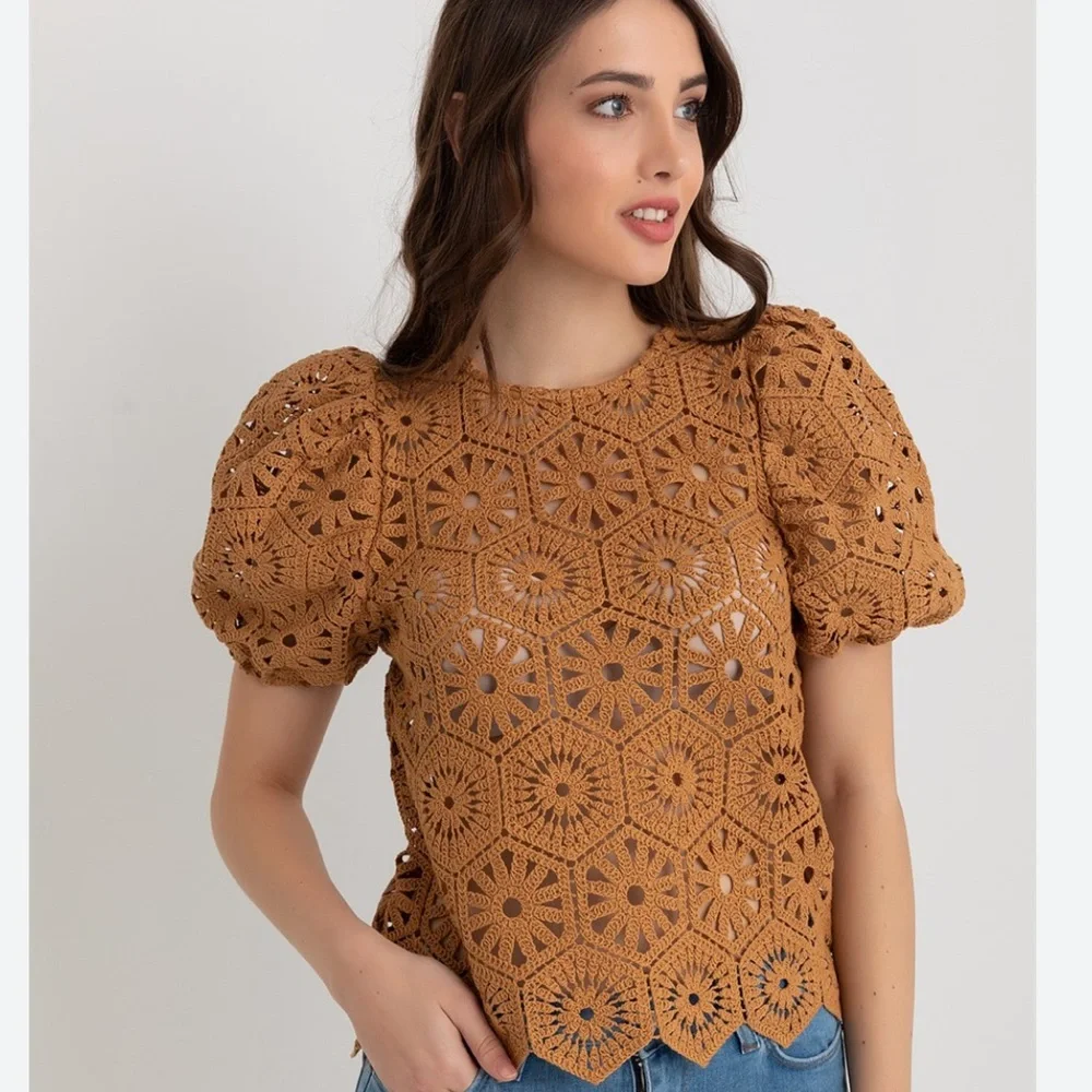 Zara Crochet Puff Sleeve Sweater Top - Rust/Tan/Spice Brown color